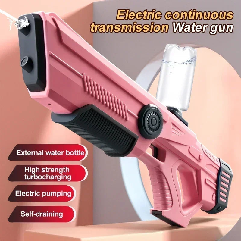 Pink water gun with text highlighting features on a beige background
