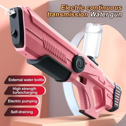 Pink water gun with text highlighting features on a beige background