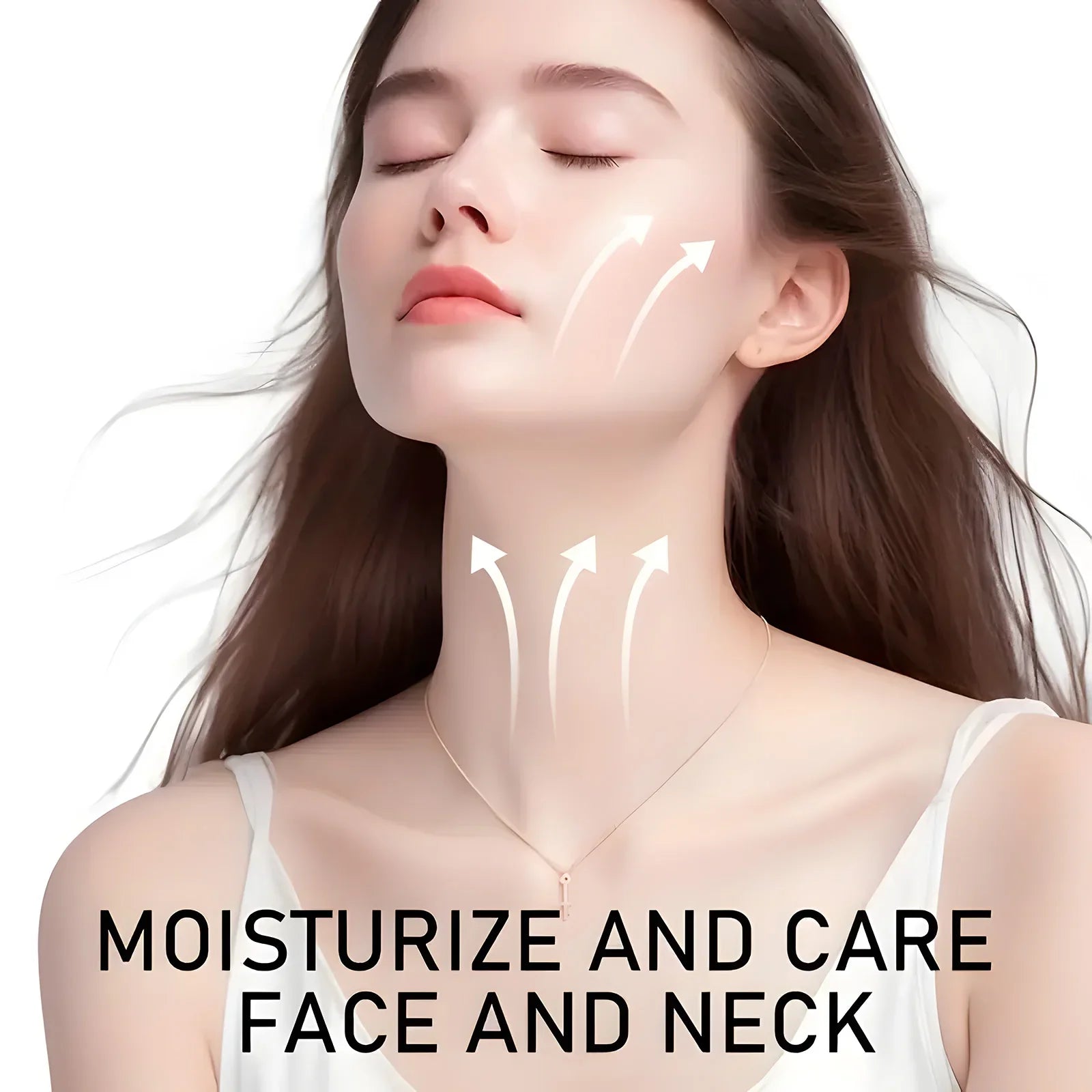 Woman with long brown hair and closed eyes, with arrows pointing to her face and neck, and text 'Moisturize and care face and neck' on a white background.