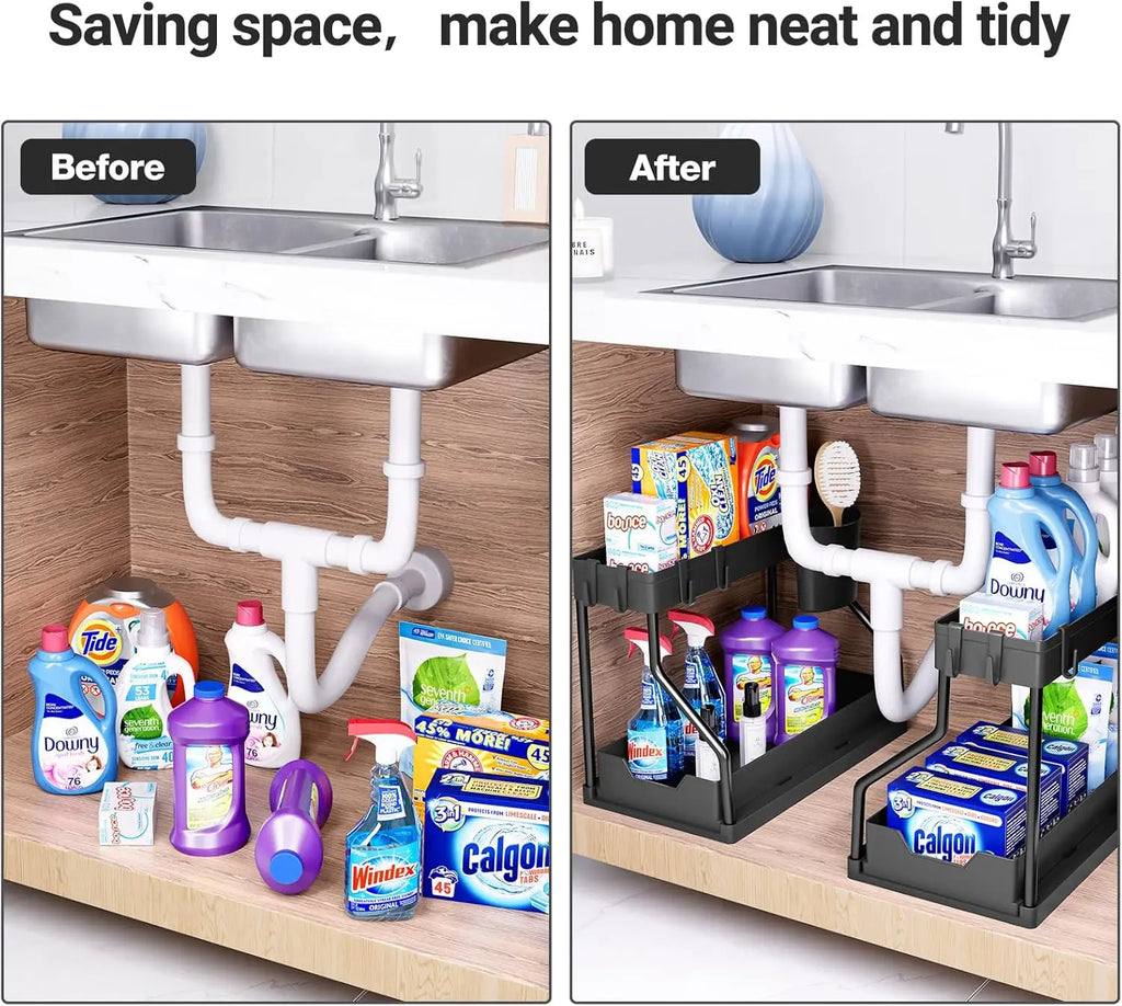 Under-sink organization before and after using a storage rack.