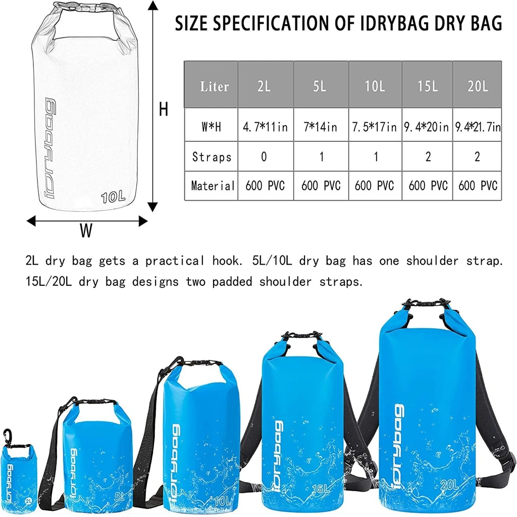 Blue dry bags with size specifications and dimensions on a white background