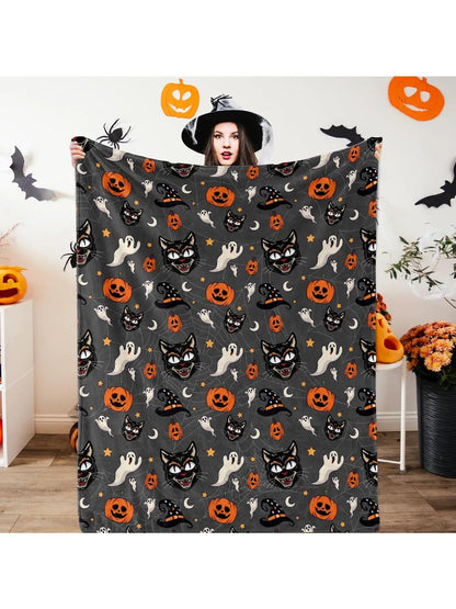 Halloween Flannel Throw Blanket – Soft 3D Printed Cozy Blanket with Pumpkin, Witch Hat, Spider Web & Bat Design