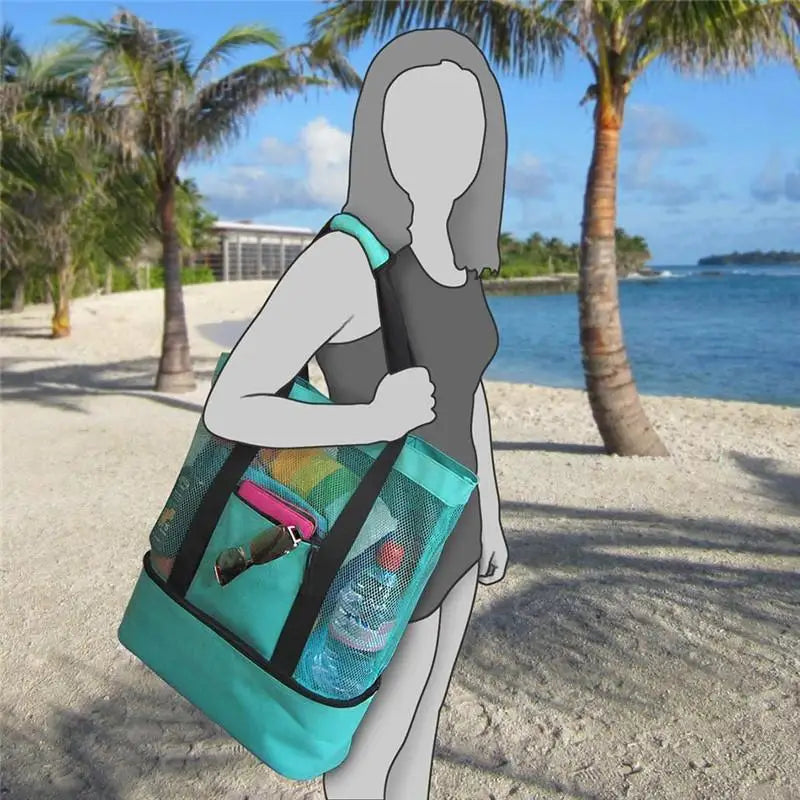 Large Insulated Beach Cooler Tote – Mesh Picnic Bag for Food, Drinks & Towels
