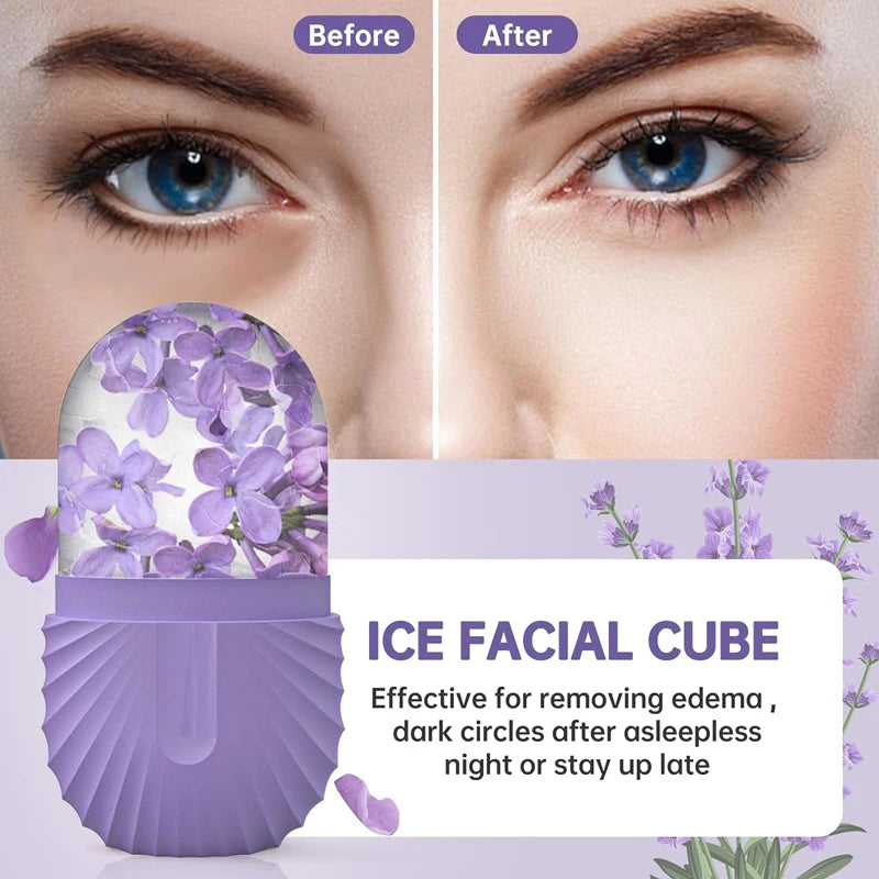 Ice facial cube packaging with lavender flowers and before-after effect on skin.