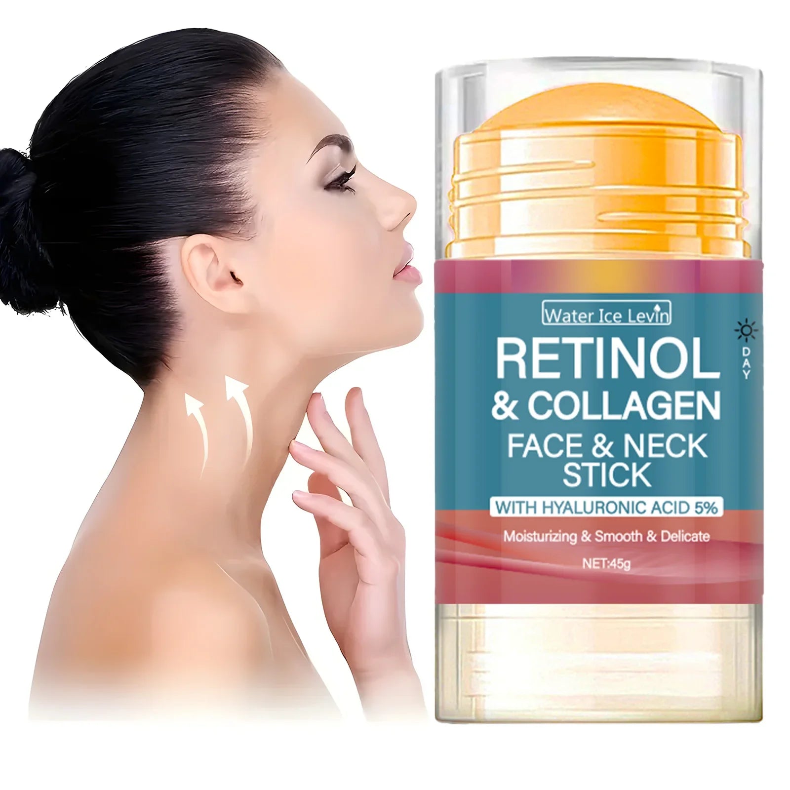 Retinol & Collagen Face and Neck Stick with a woman applying it to her face.