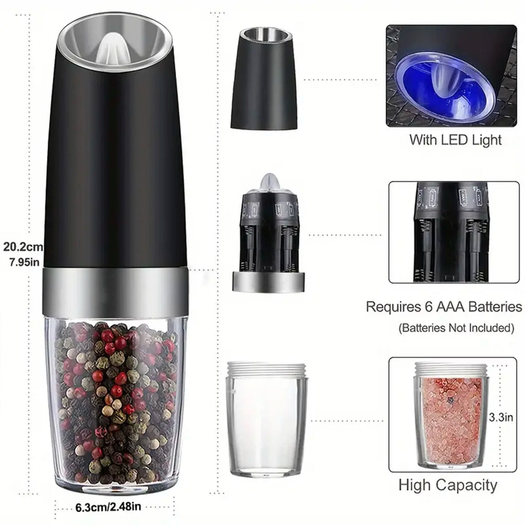 Gravity Electric Salt & Pepper Mill – Automatic Tilt Grinding, Adjustable Coarseness, Large Capacity
