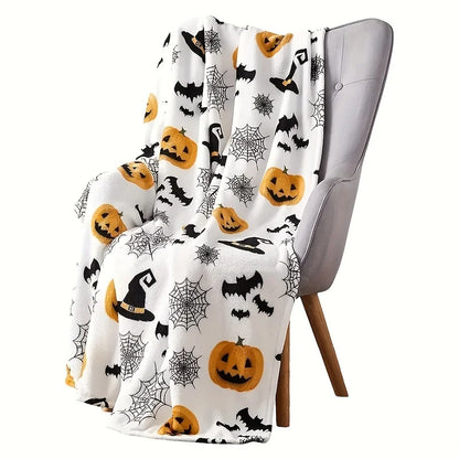 Halloween Flannel Throw Blanket – Soft 3D Printed Cozy Blanket with Pumpkin, Witch Hat, Spider Web & Bat Design