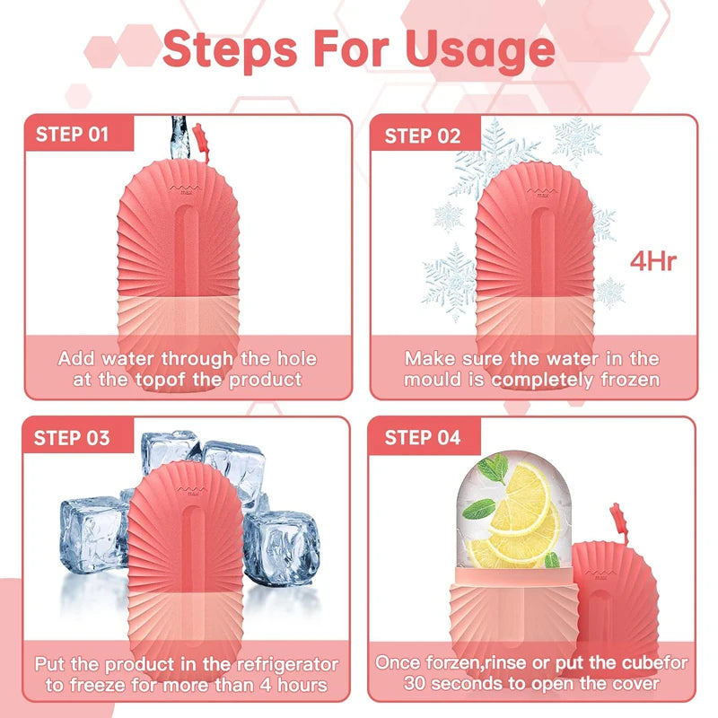 Instructions for using a pink silicone ice cube mold with images and text.