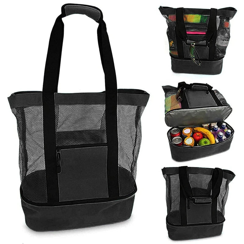 Large Insulated Beach Cooler Tote – Mesh Picnic Bag for Food, Drinks & Towels