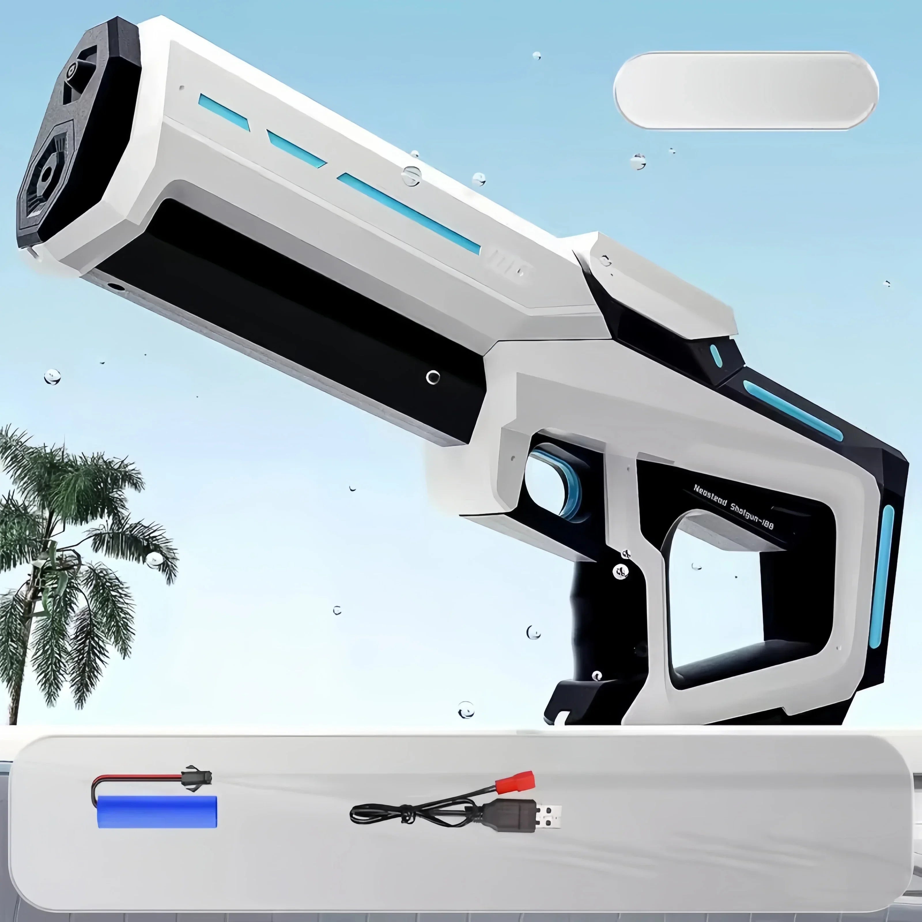Toy gun with a palm tree and clear sky in the background