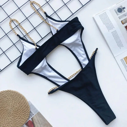 Metal Chain High-Cut One-Piece Swimsuit – Tummy Cut-Out Monokini Bathing Suit for Women