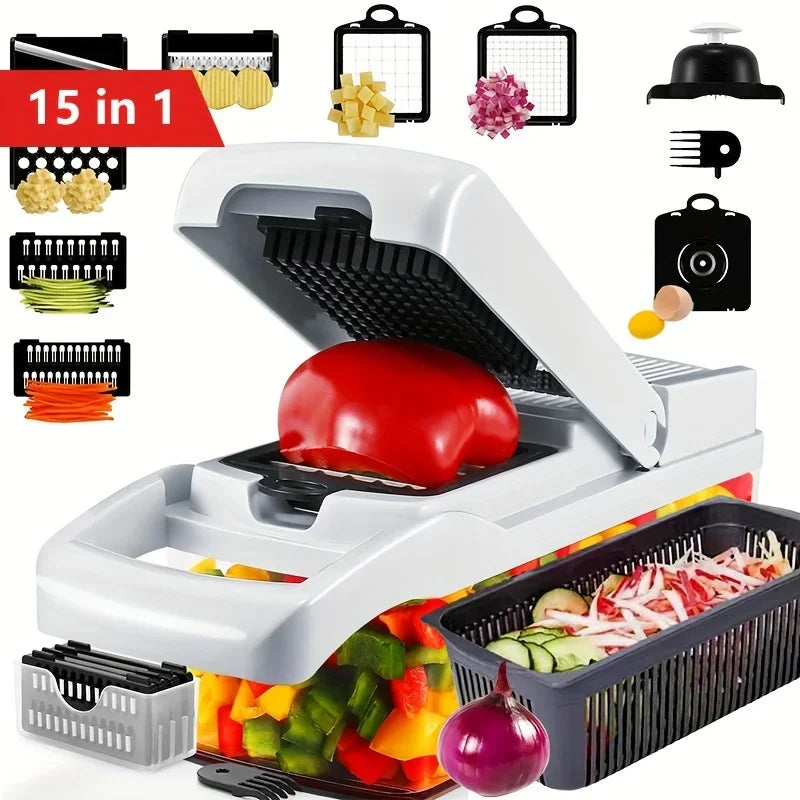 1-piece 15 in 1 manual vegetable chopper with replaceable blades and storage bowl - sturdy plastic food cutter