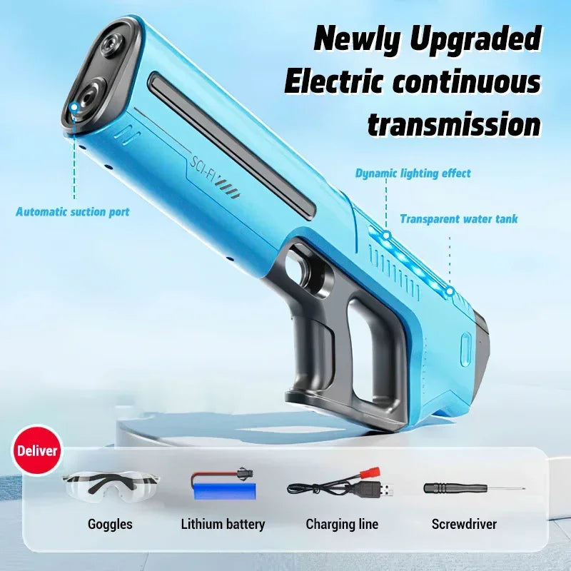 Blue electric cleaning gun with features highlighted on a light blue background