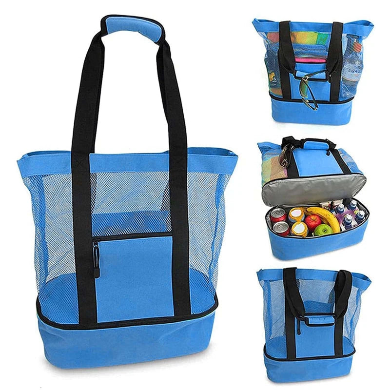 Large Insulated Beach Cooler Tote – Mesh Picnic Bag for Food, Drinks & Towels