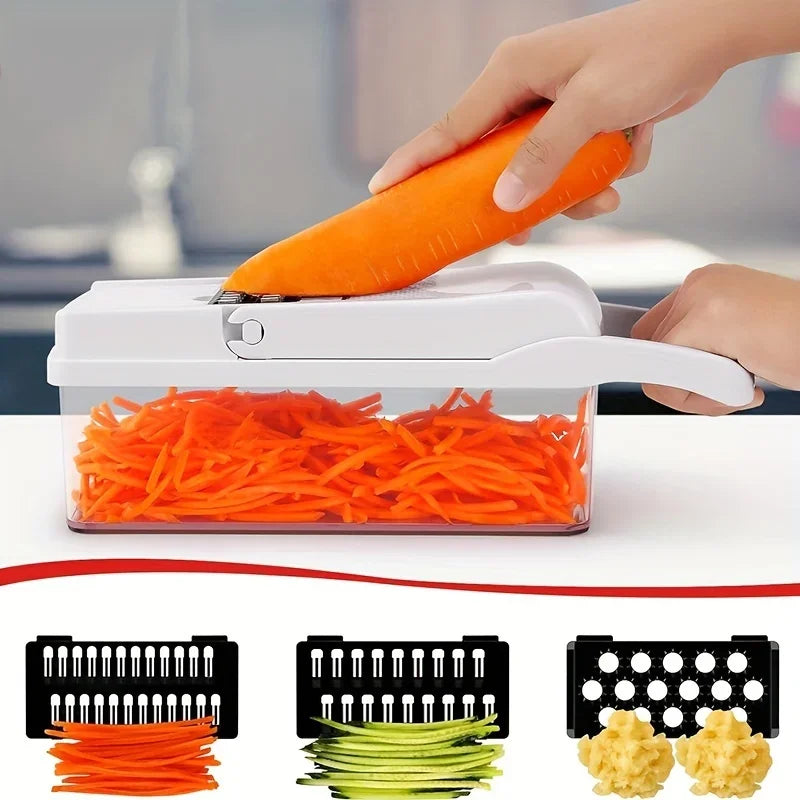 1-piece 15 in 1 manual vegetable chopper with replaceable blades and storage bowl - sturdy plastic food cutter