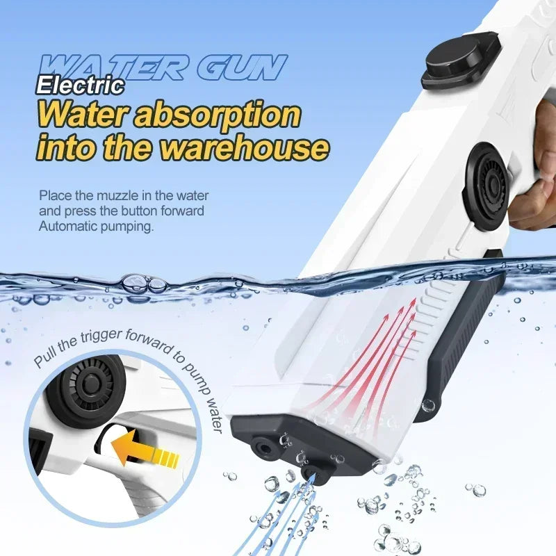 Electric water gun with text on water absorption and usage instructions against a blue background.