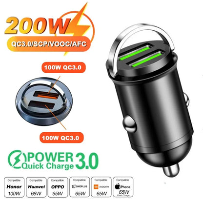 Mini Car Charger – 200W QC3.0 & PD Fast Charging | USB-A + USB-C | iPhone, Samsung, Xiaomi