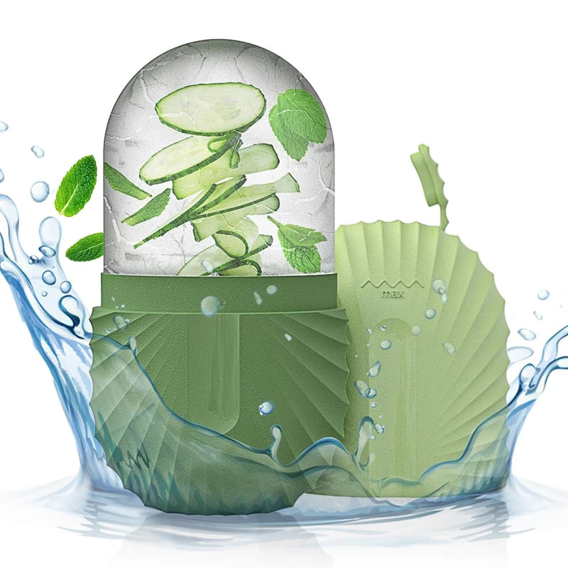 Green skincare product with cucumber slices and mint leaves on a white background