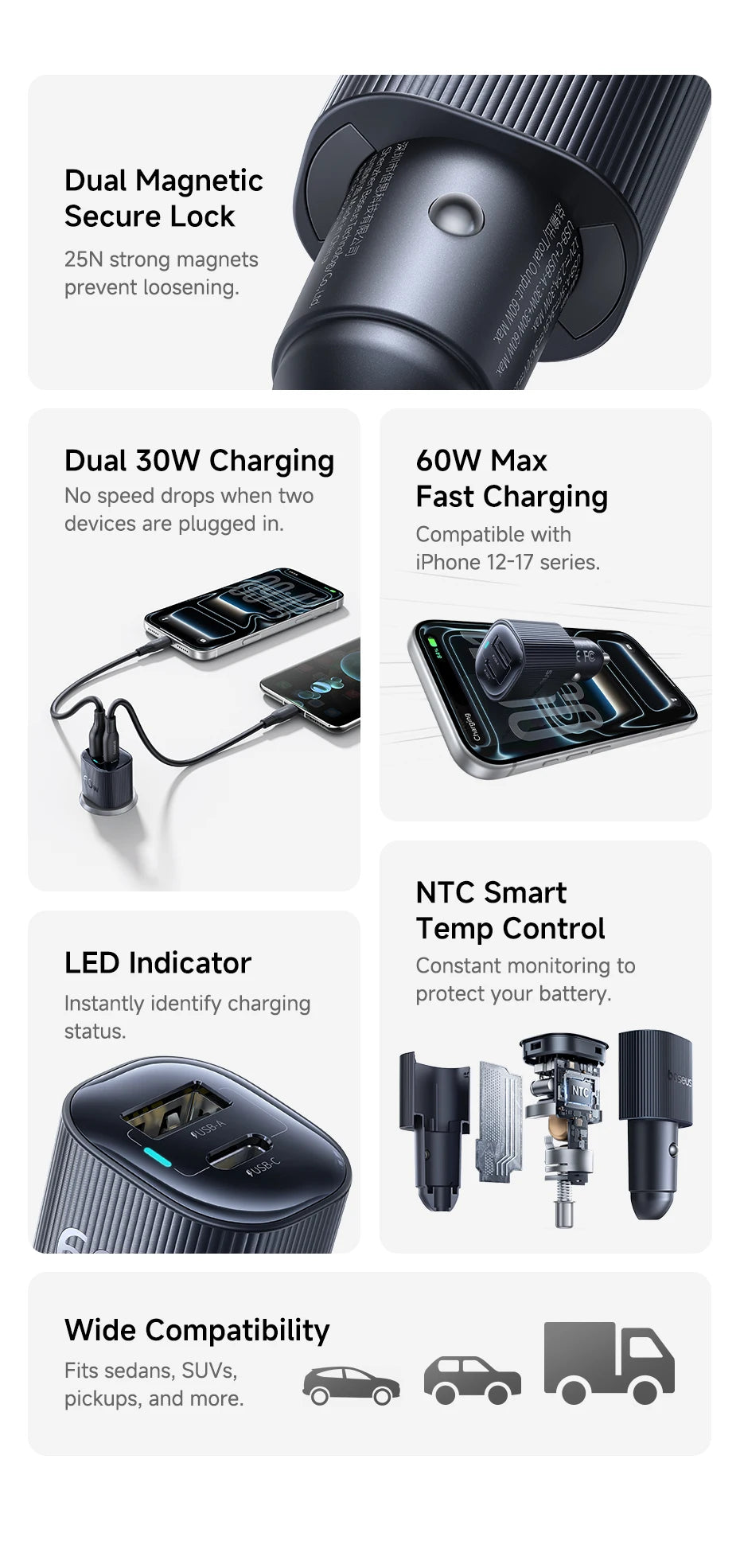 Baseus Car Charger 30W/60W – USB-C PD3.0 Fast Charging, Dual Port for iPhone & Android