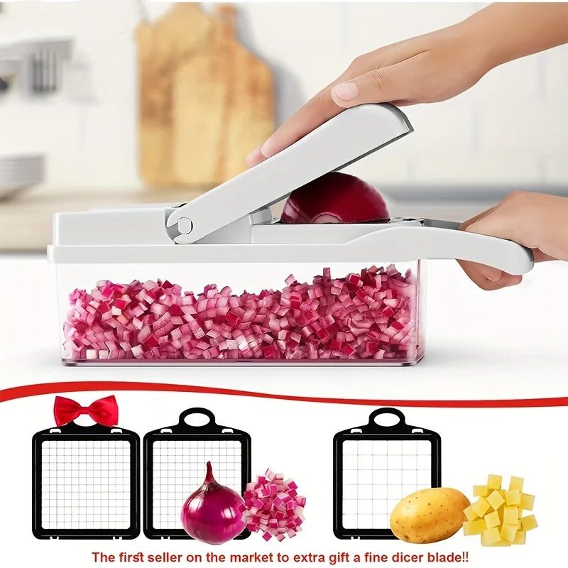 1-piece 15 in 1 manual vegetable chopper with replaceable blades and storage bowl - sturdy plastic food cutter