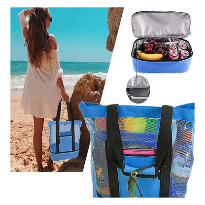 Large Insulated Beach Cooler Tote – Mesh Picnic Bag for Food, Drinks & Towels