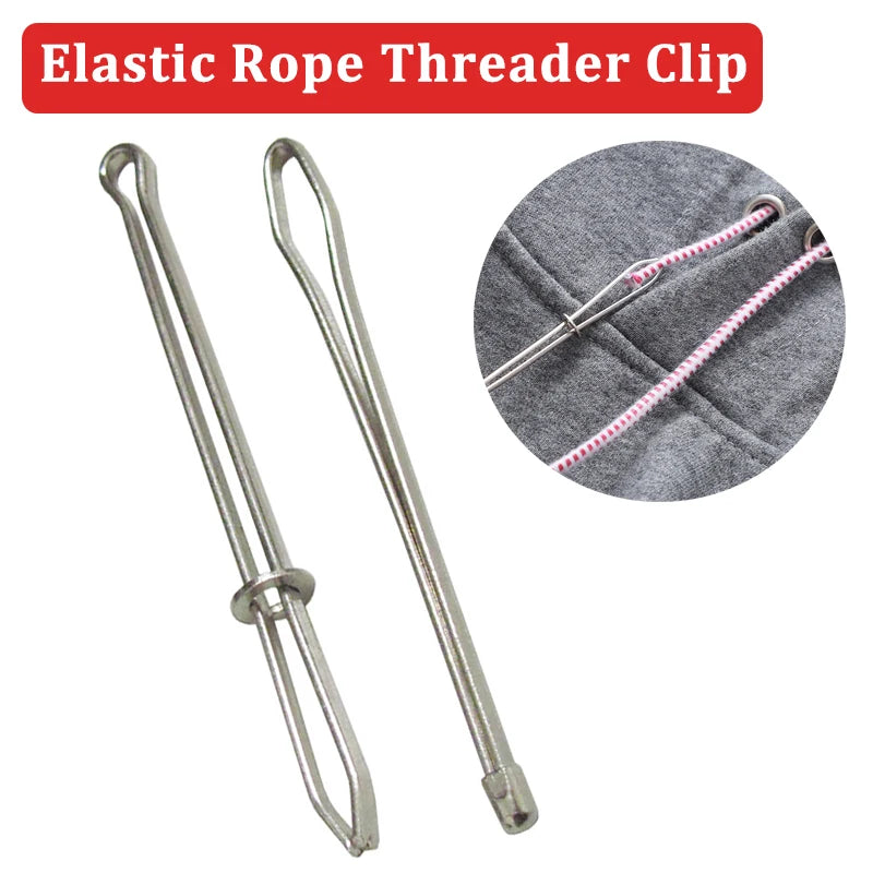 Elastic rope threader clip with close-up of use on gray fabric.