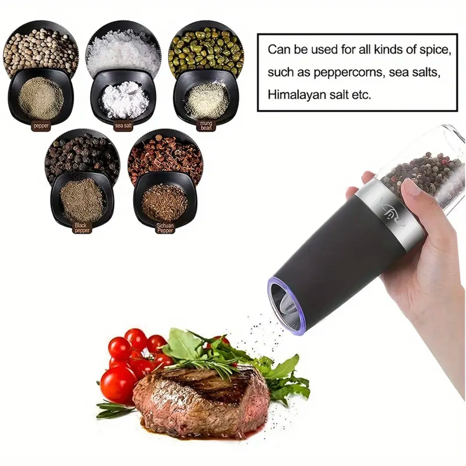 Gravity Electric Salt & Pepper Mill – Automatic Tilt Grinding, Adjustable Coarseness, Large Capacity