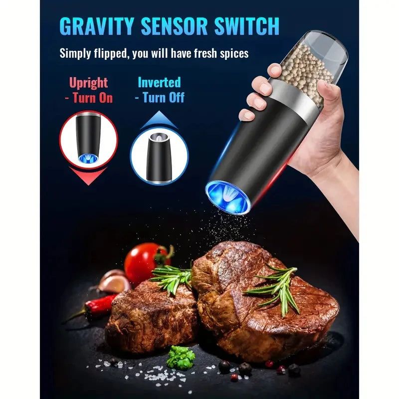 Gravity Electric Salt & Pepper Mill – Automatic Tilt Grinding, Adjustable Coarseness, Large Capacity