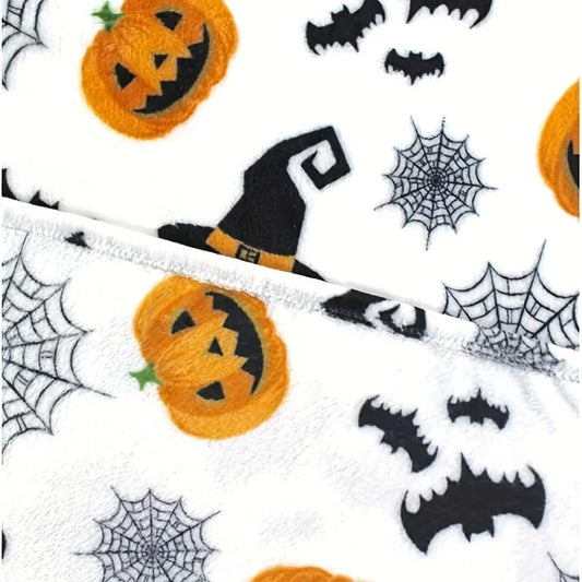 Halloween Flannel Throw Blanket – Soft 3D Printed Cozy Blanket with Pumpkin, Witch Hat, Spider Web & Bat Design