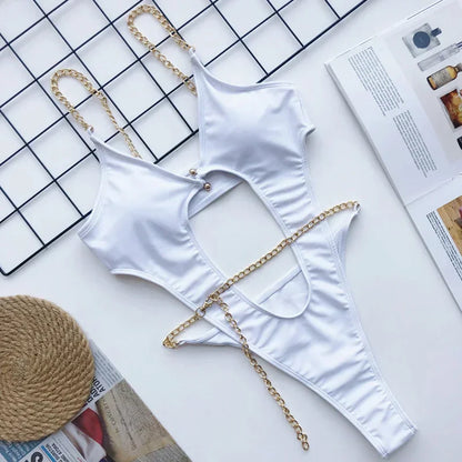 Metal Chain High-Cut One-Piece Swimsuit – Tummy Cut-Out Monokini Bathing Suit for Women