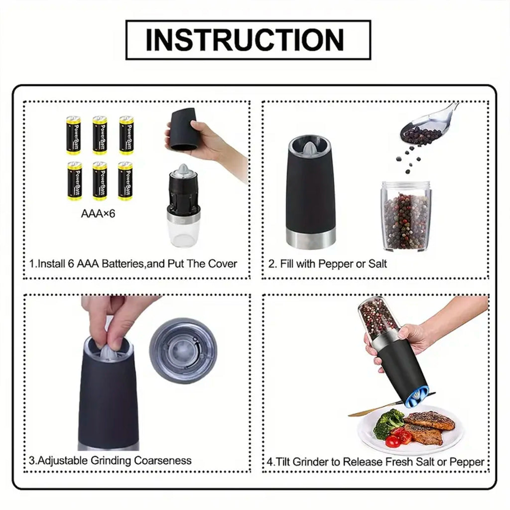 Gravity Electric Salt & Pepper Mill – Automatic Tilt Grinding, Adjustable Coarseness, Large Capacity