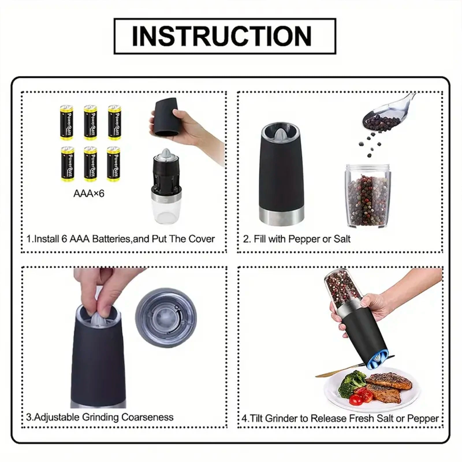 Gravity Electric Salt & Pepper Mill – Automatic Tilt Grinding, Adjustable Coarseness, Large Capacity