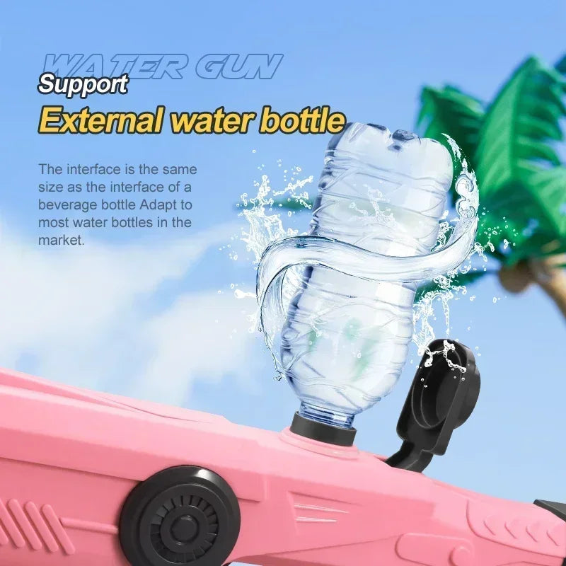 Pink water gun with a water bottle attachment against a blue sky background