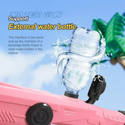 Pink water gun with a water bottle attachment against a blue sky background