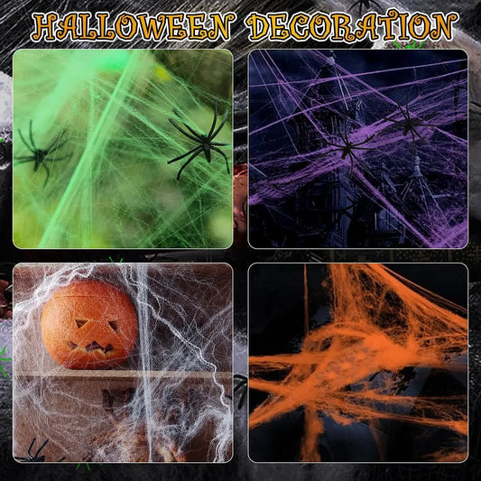 Halloween Artificial Spider Web with Spiders – Stretchy Cotton Cobweb for Indoor & Outdoor Scary Decor