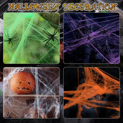Halloween Artificial Spider Web with Spiders – Stretchy Cotton Cobweb for Indoor & Outdoor Scary Decor