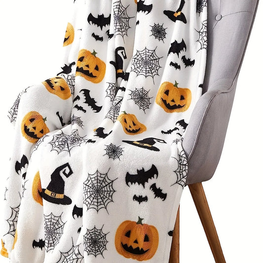 Halloween Flannel Throw Blanket – Soft 3D Printed Cozy Blanket with Pumpkin, Witch Hat, Spider Web & Bat Design