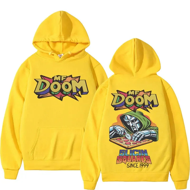 Yellow hoodie with 'MF DOOM' logo on front and character illustration on back