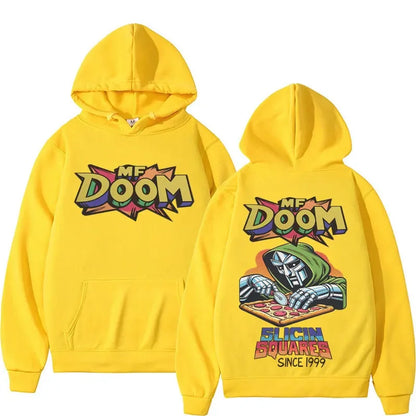Yellow hoodie with 'MF DOOM' logo on front and character illustration on back