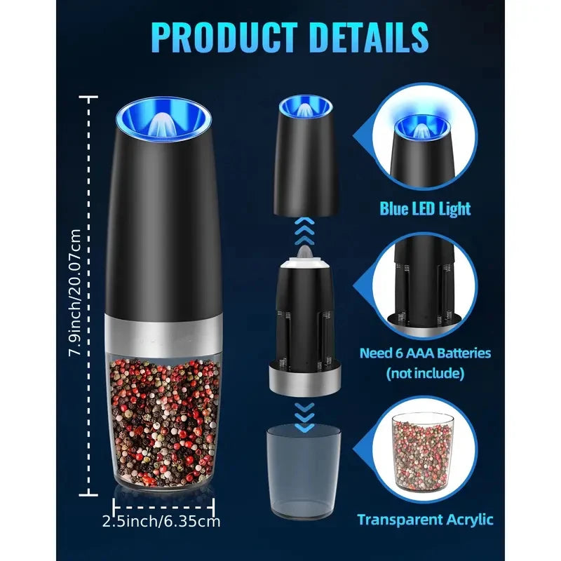 Gravity Electric Salt & Pepper Mill – Automatic Tilt Grinding, Adjustable Coarseness, Large Capacity