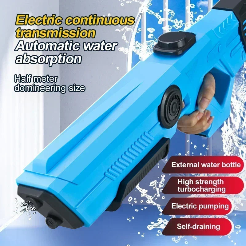 Blue water gun with text highlighting features on a blue background