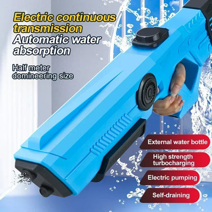 Blue water gun with text highlighting features on a blue background