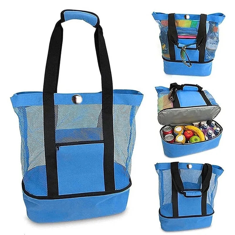 Large Insulated Beach Cooler Tote – Mesh Picnic Bag for Food, Drinks & Towels