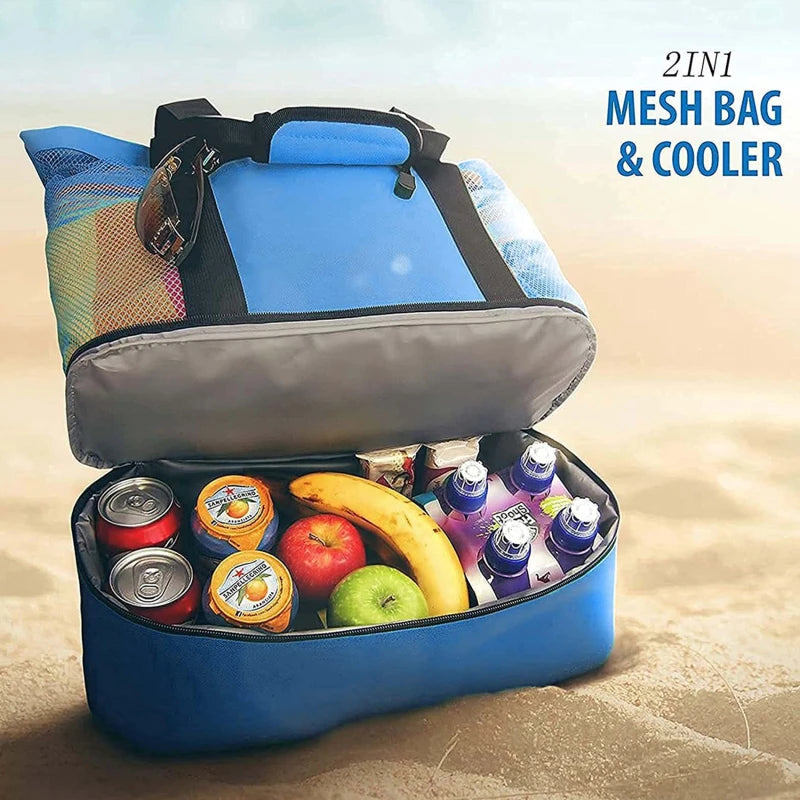 Large Insulated Beach Cooler Tote – Mesh Picnic Bag for Food, Drinks & Towels