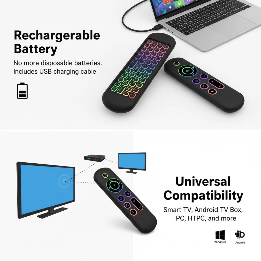 MRSVI M5 Air Mouse Remote Control – 2.4G & Bluetooth Wireless Keyboard with 7-Color Backlit & Gyroscope for Android TV Box & PC