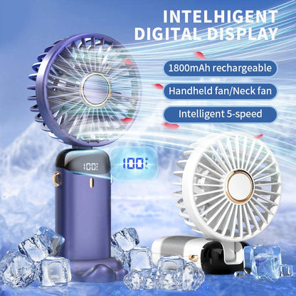Portable Neck Fan with LED Display & Phone Stand – 5-Speed USB Rechargeable Mini Fan