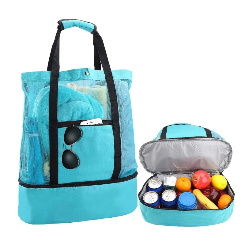 Large Insulated Beach Cooler Tote – Mesh Picnic Bag for Food, Drinks & Towels