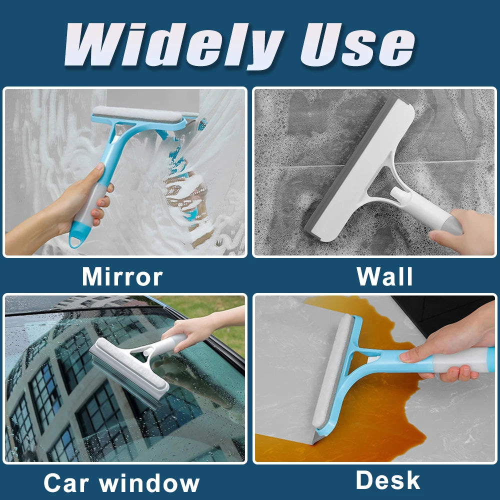 Cleaning tool being used on mirror, wall, car window, and desk with text 'Widely Use'.