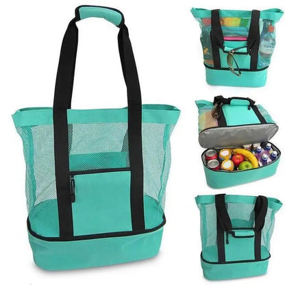 Large Insulated Beach Cooler Tote – Mesh Picnic Bag for Food, Drinks & Towels