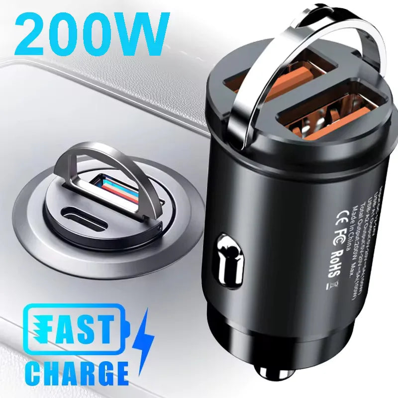 Mini Car Charger – 200W QC3.0 & PD Fast Charging | USB-A + USB-C | iPhone, Samsung, Xiaomi